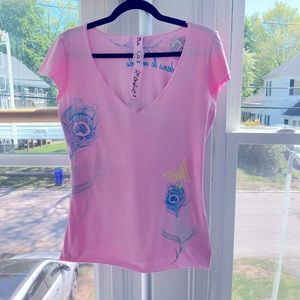 Johnny Was baby pink, embroidered flutter cap sleeve with raw edges.